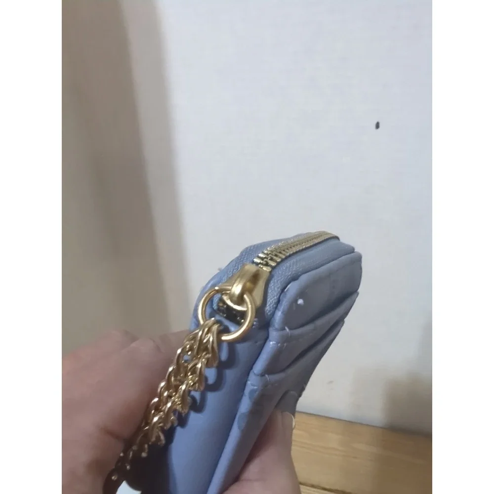 Juicy Couture Blue Pebbled Zip Wallet Heart Coin Purse Gold Chain Logo Charm